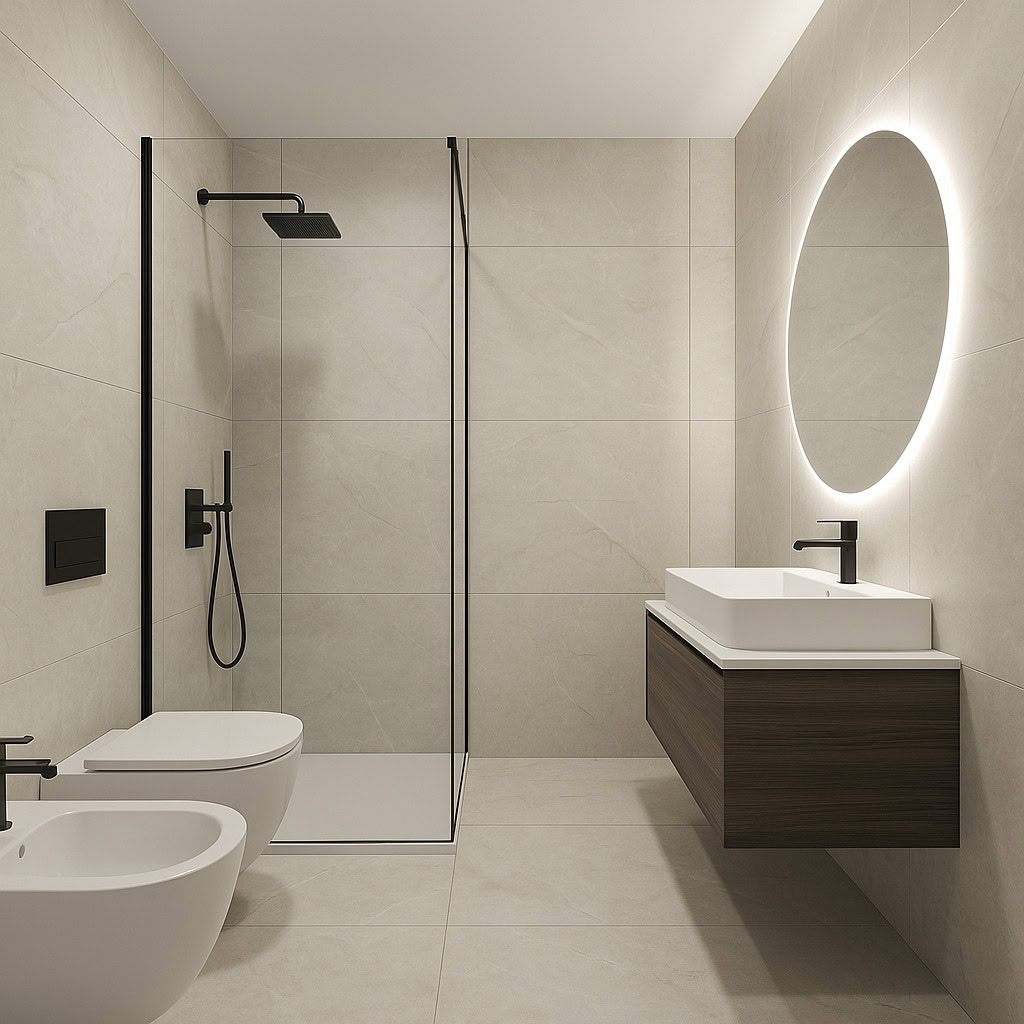 Luci a LED intorno allo specchio del bagno moderno e minimalista.