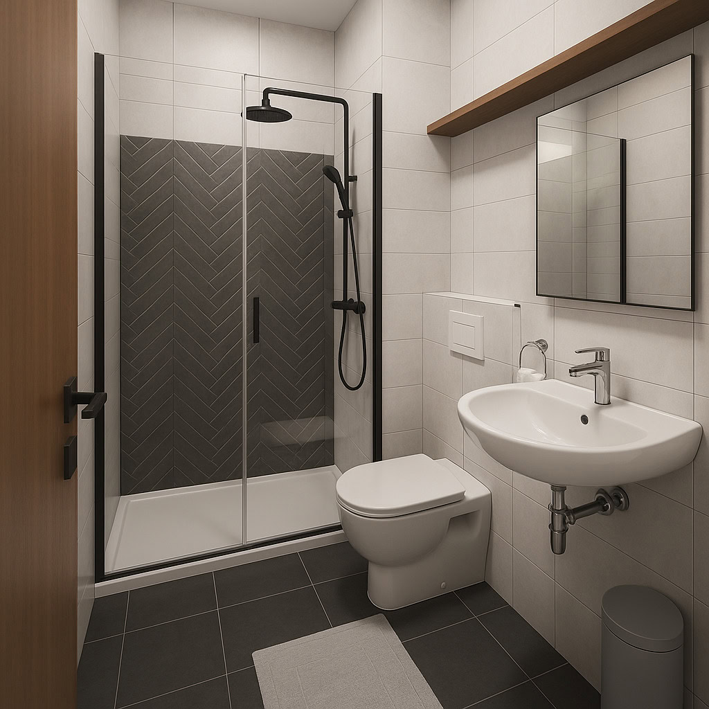 Ampia doccia moderna con piatto in ceramica e box in vetro nero.