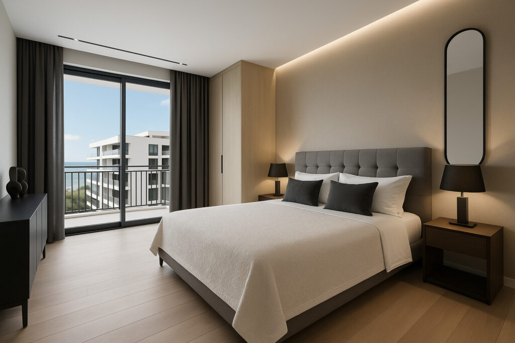 Letto matrimoniale in camera moderna con vista mare, finiture eleganti e atmosfera accogliente.