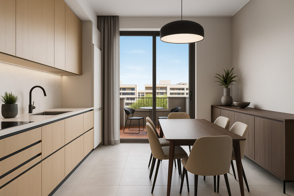 Finiture moderne cucina e zona pranzo con accesso al balcone luminoso.