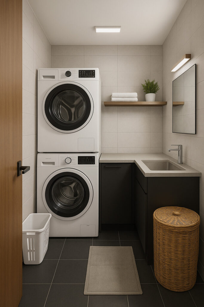 Lavatrice e asciugatrice in lavanderia moderna con lavabo e mensole in legno.