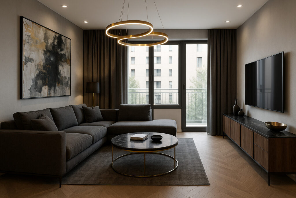 Soggiorno moderno con divano grigio, illuminazione a cerchio e arredi eleganti.