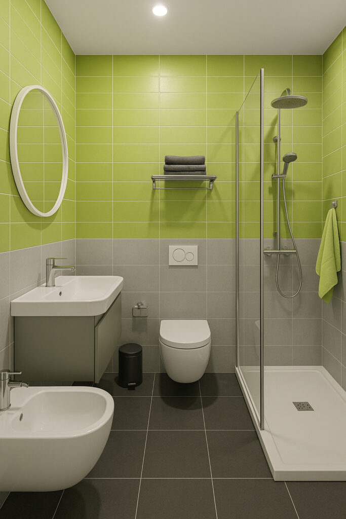 Lavabo, WC e doccia in bagno con piastrelle verde lime e elementi moderni.