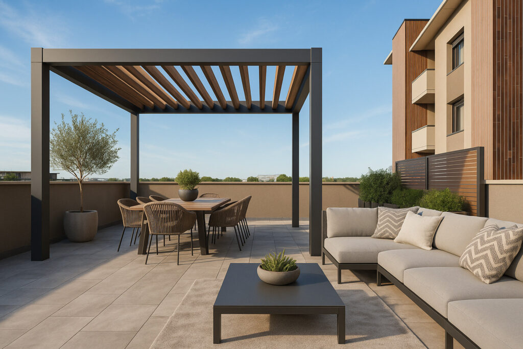 Elegante terrazza all'aperto con area lounge e zona pranzo, perfetta per vivere all'aperto.