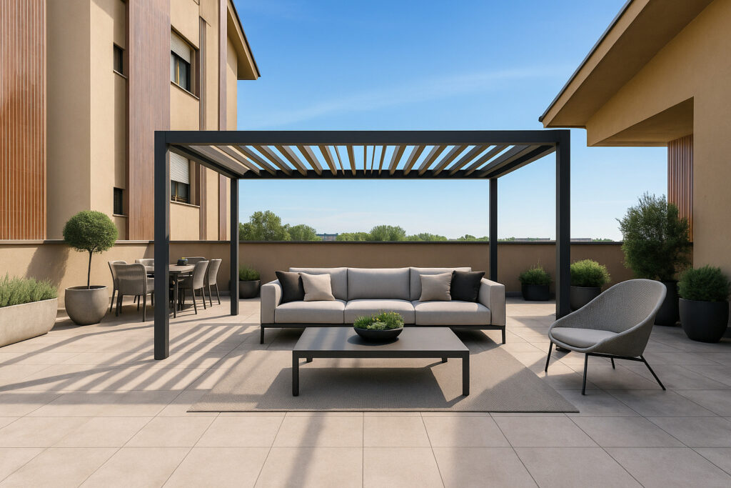 Elegante salotto esterno con divano e chaise longue su terrazza soleggiata.