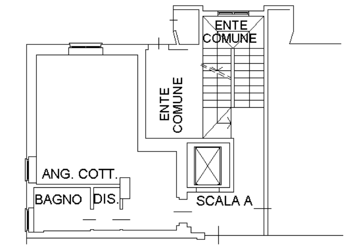 Piantina appartamento con entrata comune, soggiorno, bagno e area cucina, planimetria immobiliare.