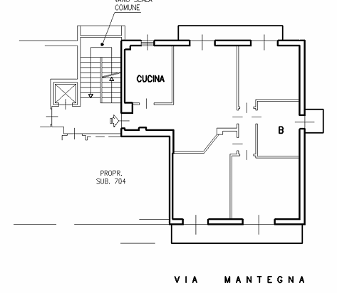 Planimetria appartamento con cucina e soggiorno, progetto edilizio.