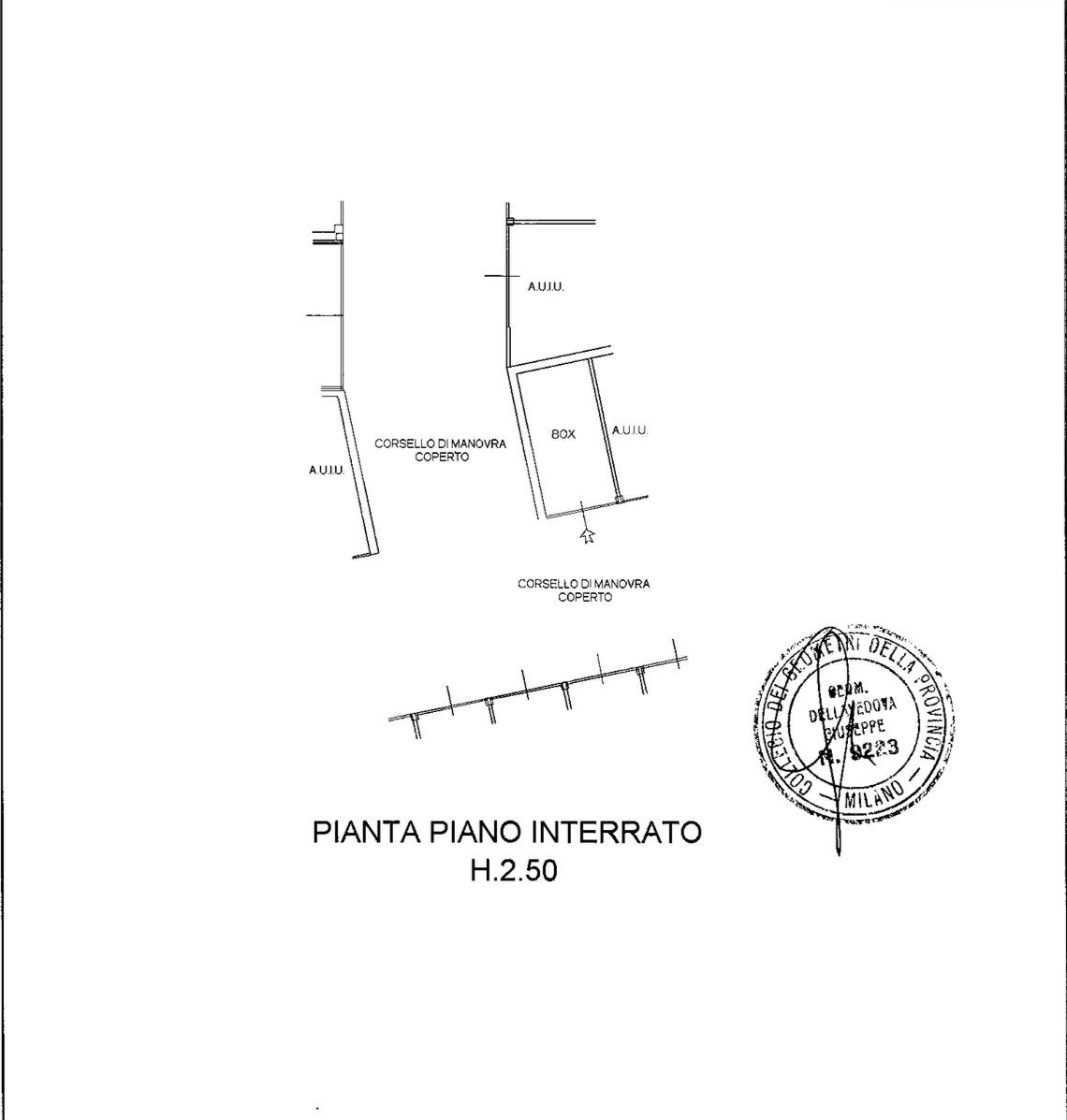 Pianta interrato di un trilocale con box e giardino privato, recente costruzione a Pessano Con Borna.